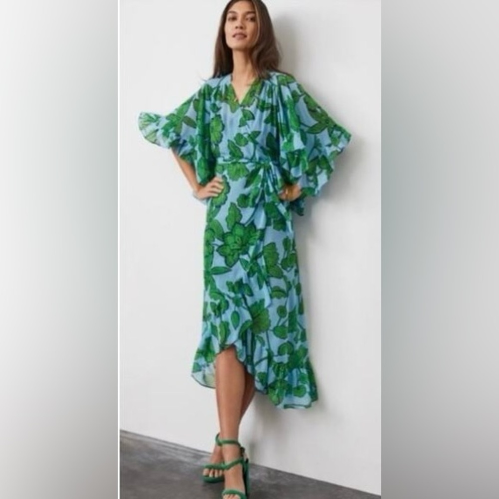 CAbi Derby Dress‎ Light Blue & Green Flutter Sleeve True Wrap Midi Dress Small